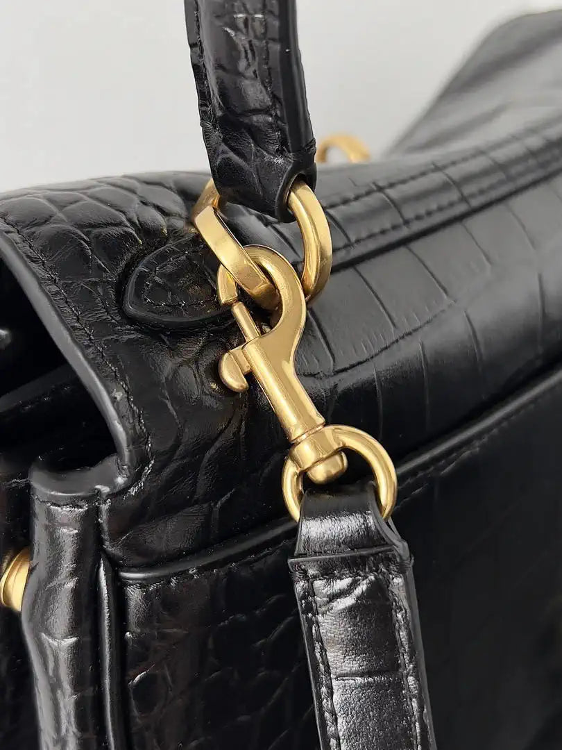 Balenciaga 7897792 Rodeo Handbag Small in Black Crocodile pattern calfskin Gold