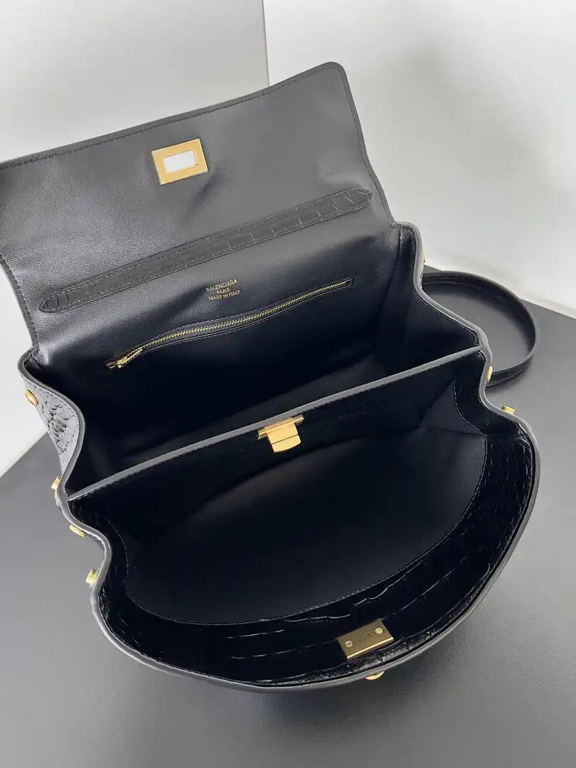Balenciaga 7897792 Rodeo Handbag Small in Black Crocodile pattern calfskin Gold
