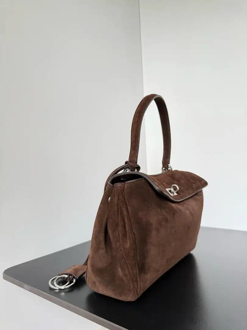 Balenciaga 7897792 Rodeo Handbag Small in Dark Brown Suede aged-Silver