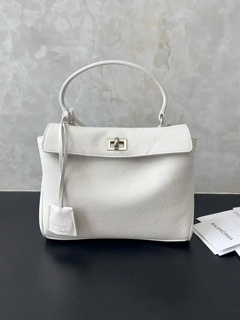 Balenciaga 7954562 Rodeo Handbag Mini in White Lychee pattern calfskin aged-Silver