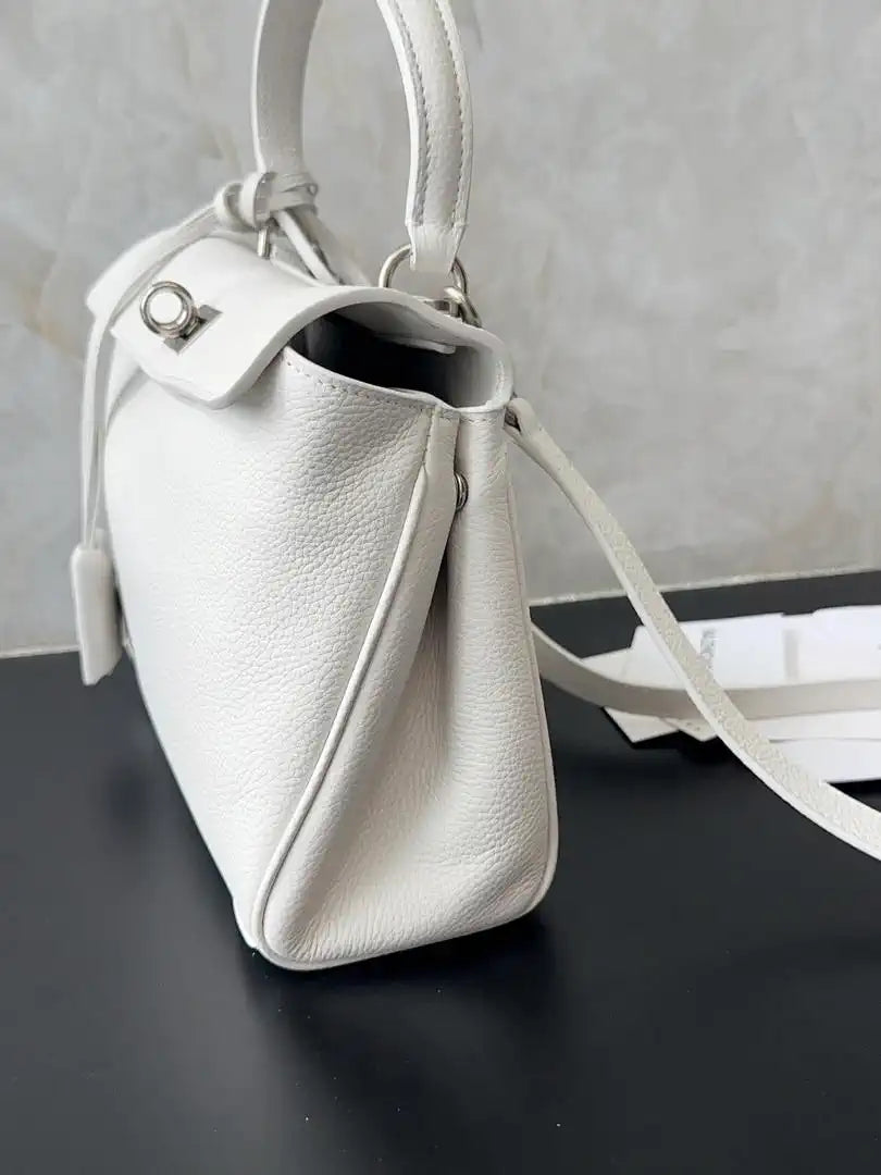 Balenciaga 7954562 Rodeo Handbag Mini in White Lychee pattern calfskin aged-Silver