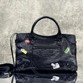 Balenciaga 8230582 Women Le City First Bag Medium in Black Arena Storico lambskin with LOGO