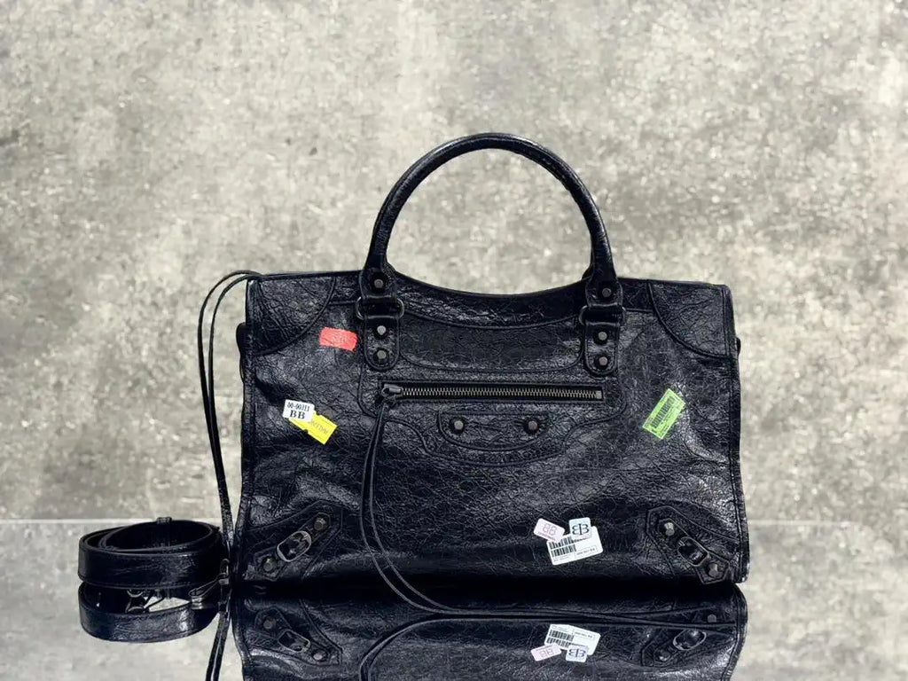 Balenciaga 8230582 Women Le City First Bag Medium in Black Arena Storico lambskin with LOGO