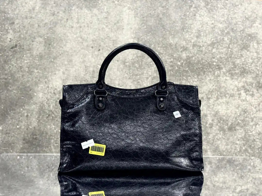 Balenciaga 8230582 Women Le City First Bag Medium in Black Arena Storico lambskin with LOGO