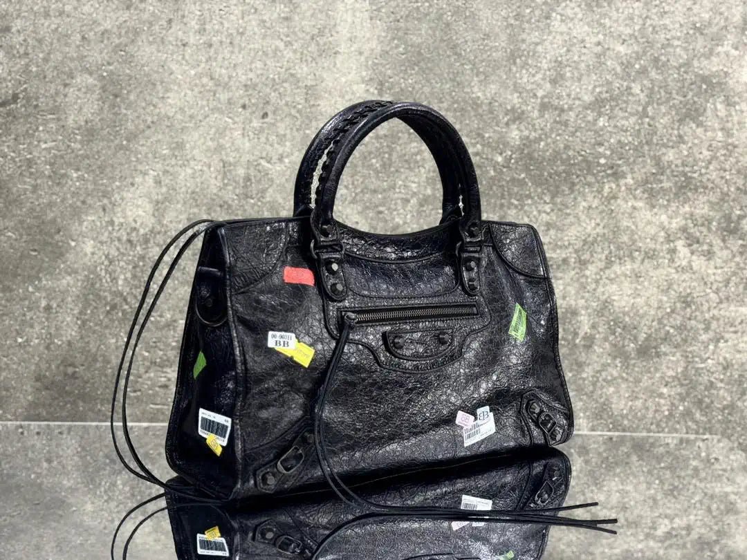 Balenciaga 8230582 Women Le City First Bag Medium in Black Arena Storico lambskin with LOGO