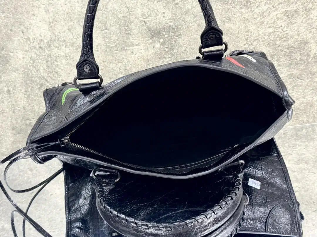 Balenciaga 8230582 Women Le City First Bag Medium in Black Arena Storico lambskin with LOGO