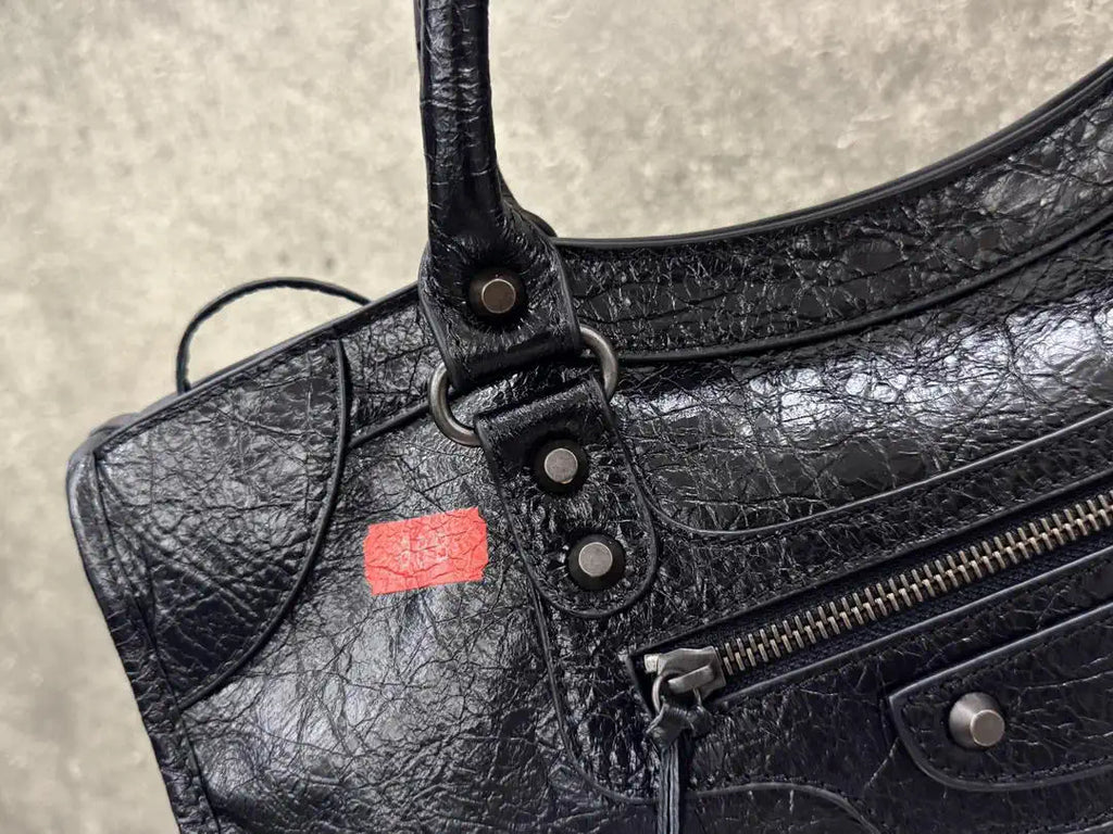 Balenciaga 8230582 Women Le City First Bag Medium in Black Arena Storico lambskin with LOGO