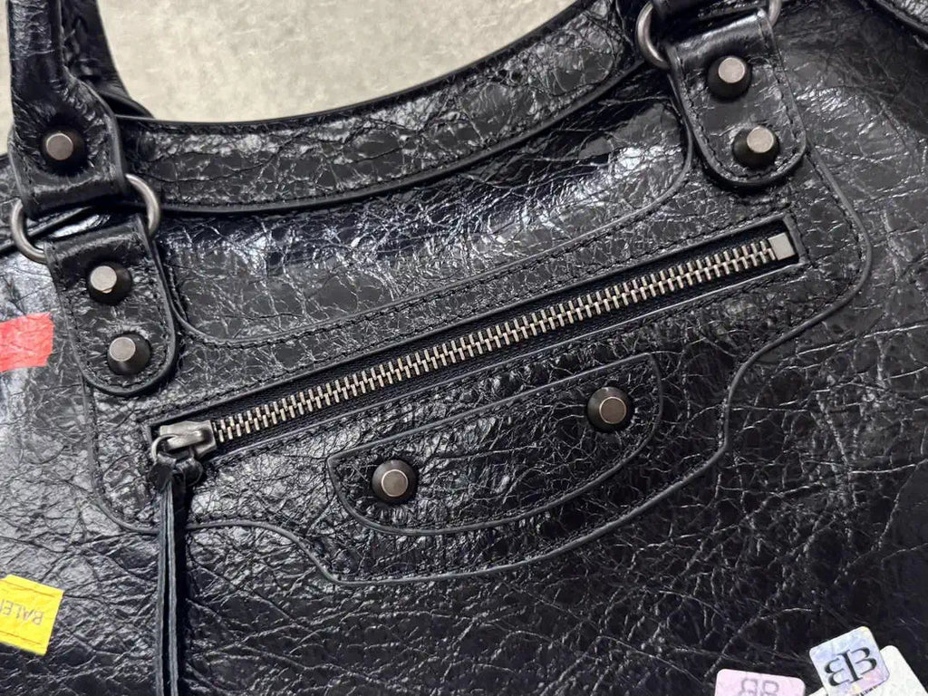 Balenciaga 8230582 Women Le City First Bag Medium in Black Arena Storico lambskin with LOGO