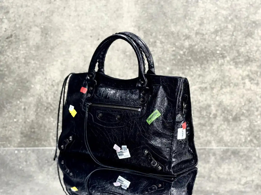Balenciaga 8230582 Women Le City First Bag Medium in Black Arena Storico lambskin with LOGO