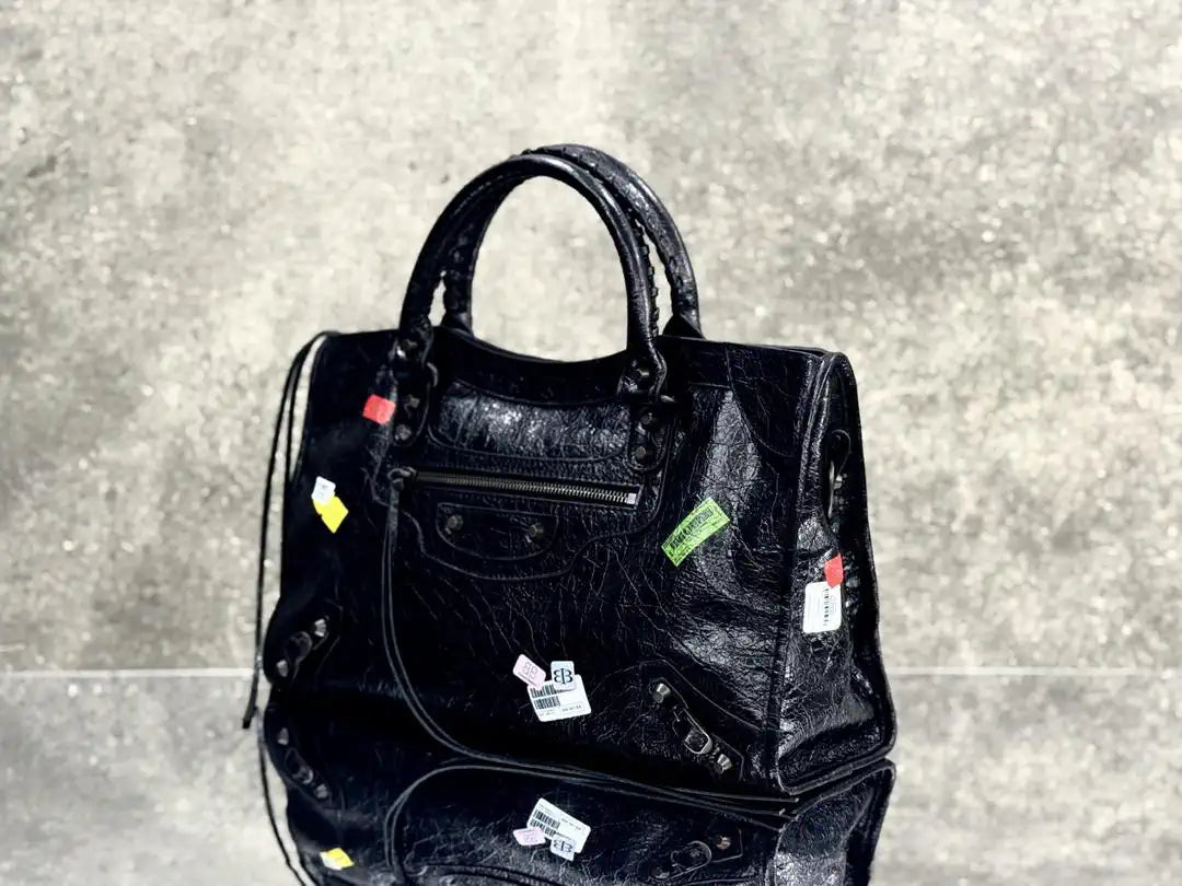 Balenciaga 8230582 Women Le City First Bag Medium in Black Arena Storico lambskin with LOGO