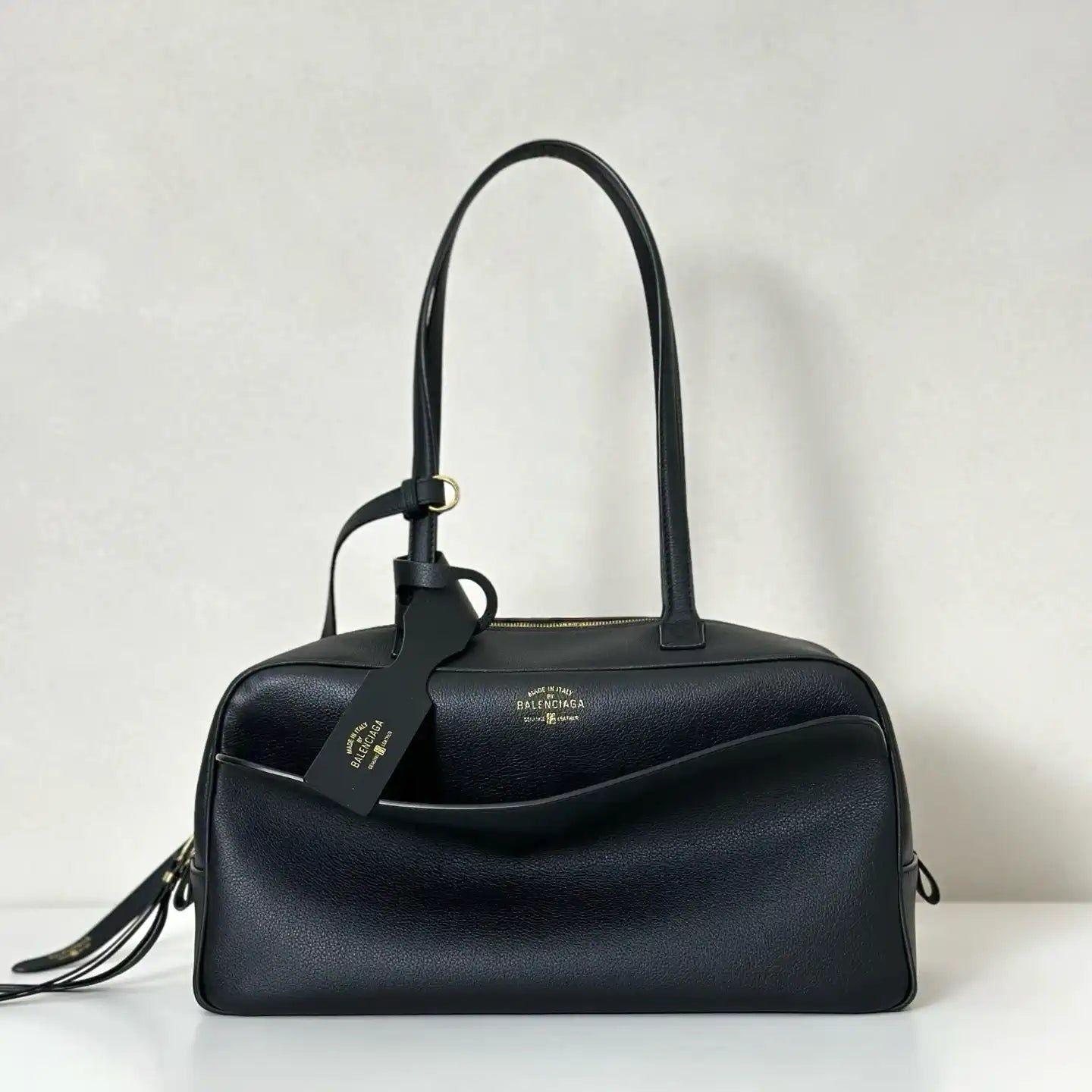 Balenciaga 8264252 Carrie Bowling Bag in black calfskin aged-gold hardware