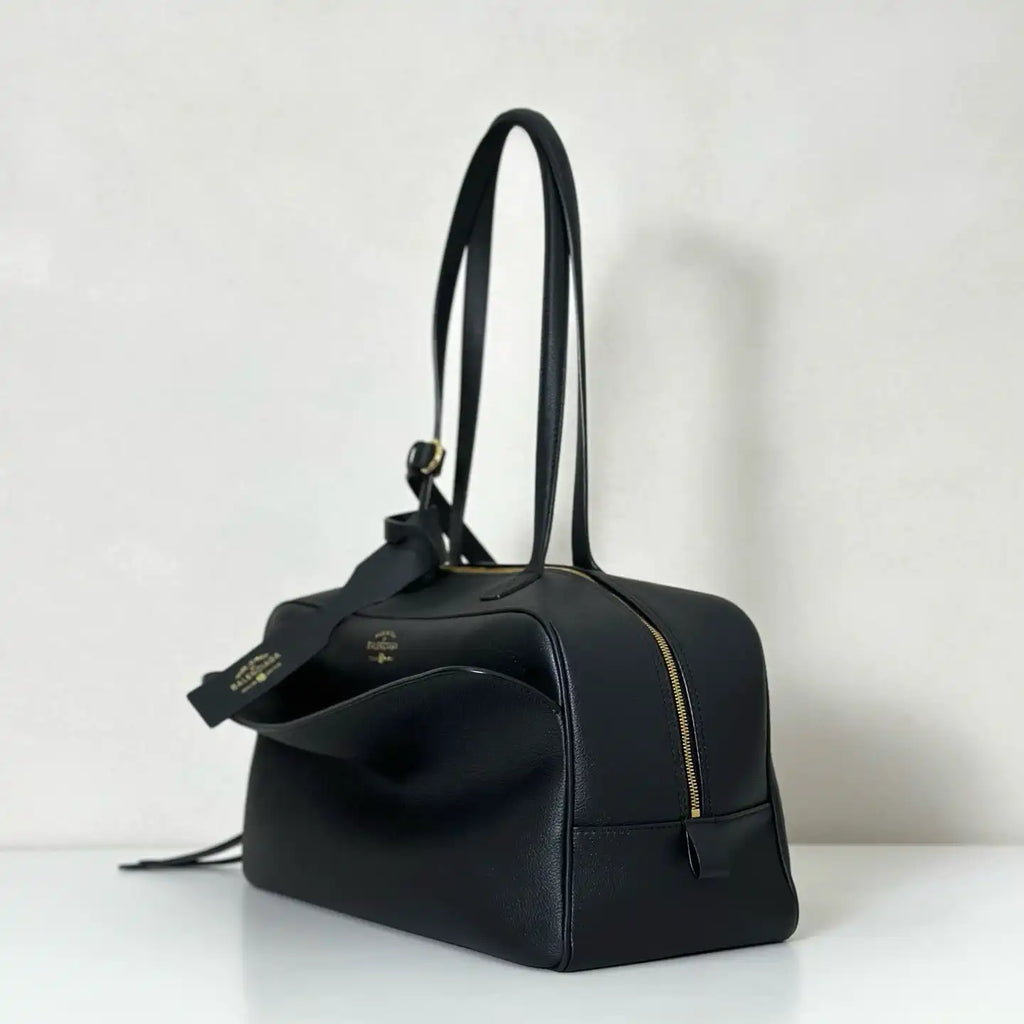 Balenciaga 8264252 Carrie Bowling Bag in black calfskin aged-gold hardware