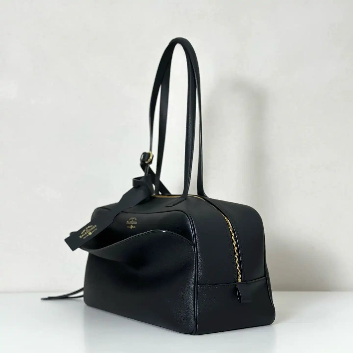 Balenciaga 8264252 Carrie Bowling Bag in black calfskin aged-gold hardware