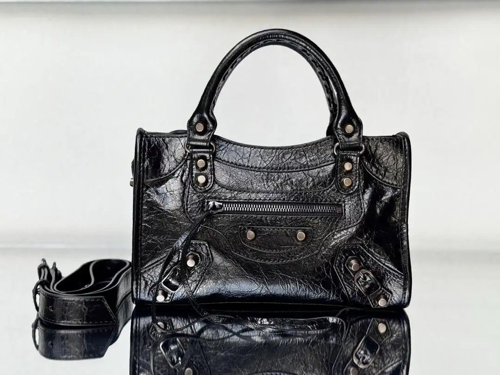 Balenciaga 8414582 Women Le City First Bag in Black Arena Storico lambskin brass hardware