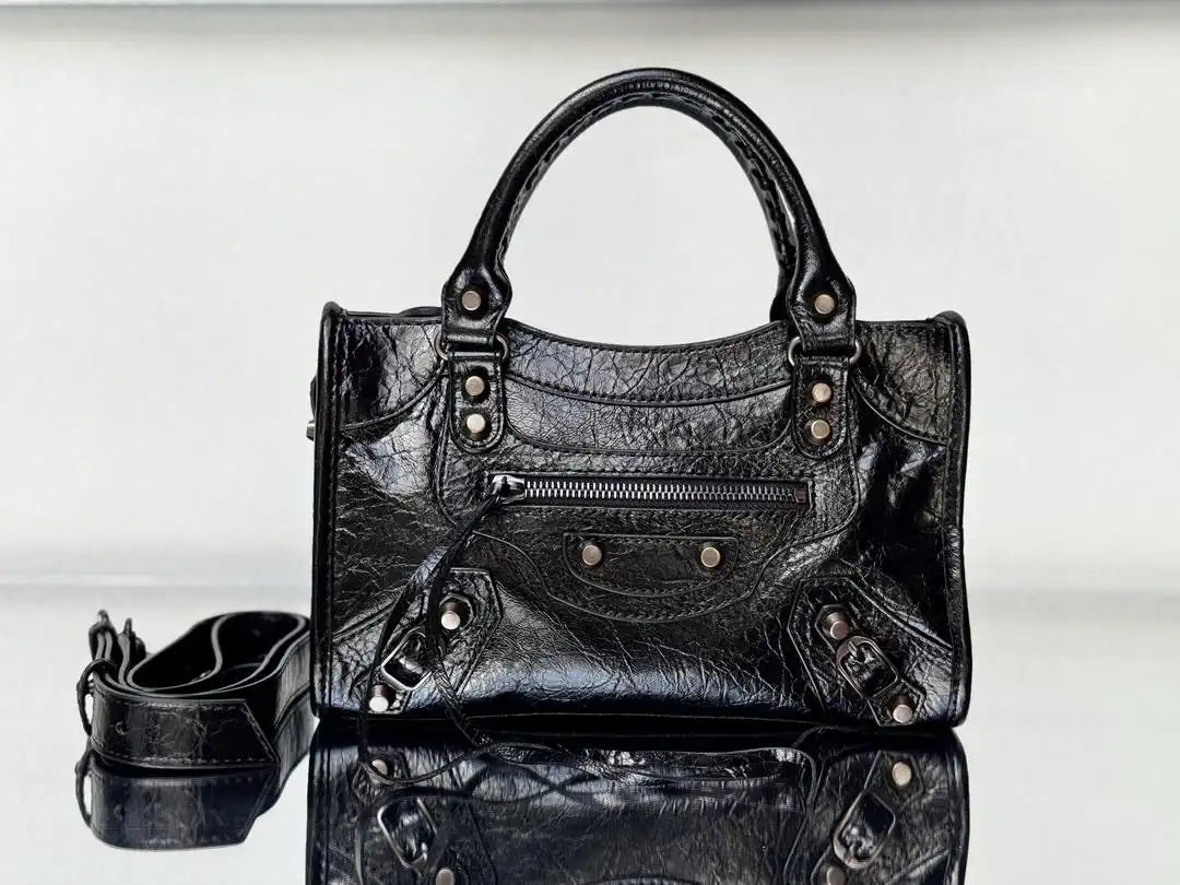 Balenciaga 8414582 Women Le City First Bag in Black Arena Storico lambskin brass hardware