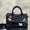 Balenciaga 8414582 Women Le City First Bag in Black Arena Storico lambskin with LOGO