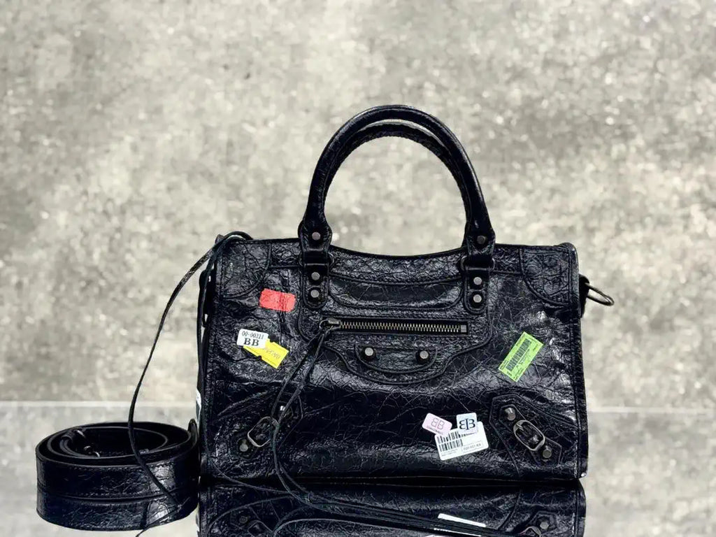 Balenciaga 8414582 Women Le City First Bag in Black Arena Storico lambskin with LOGO