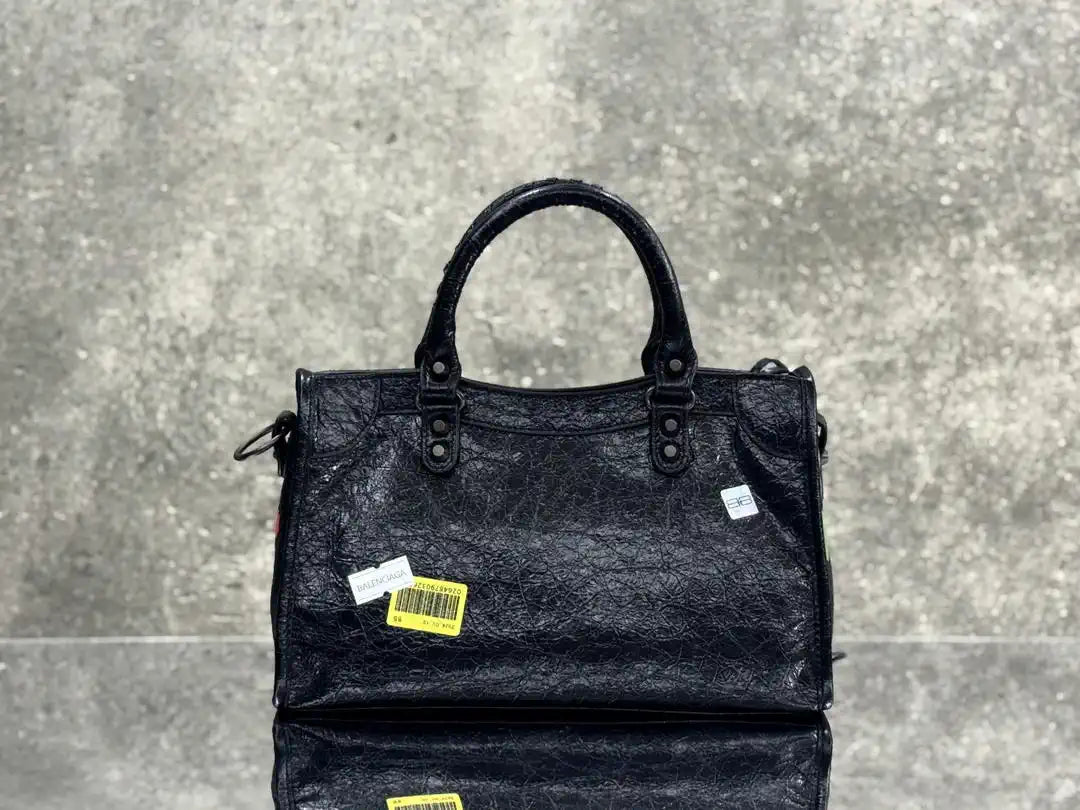 Balenciaga 8414582 Women Le City First Bag in Black Arena Storico lambskin with LOGO