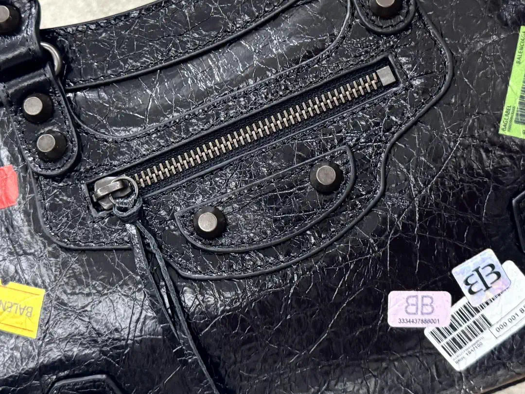 Balenciaga 8414582 Women Le City First Bag in Black Arena Storico lambskin with LOGO