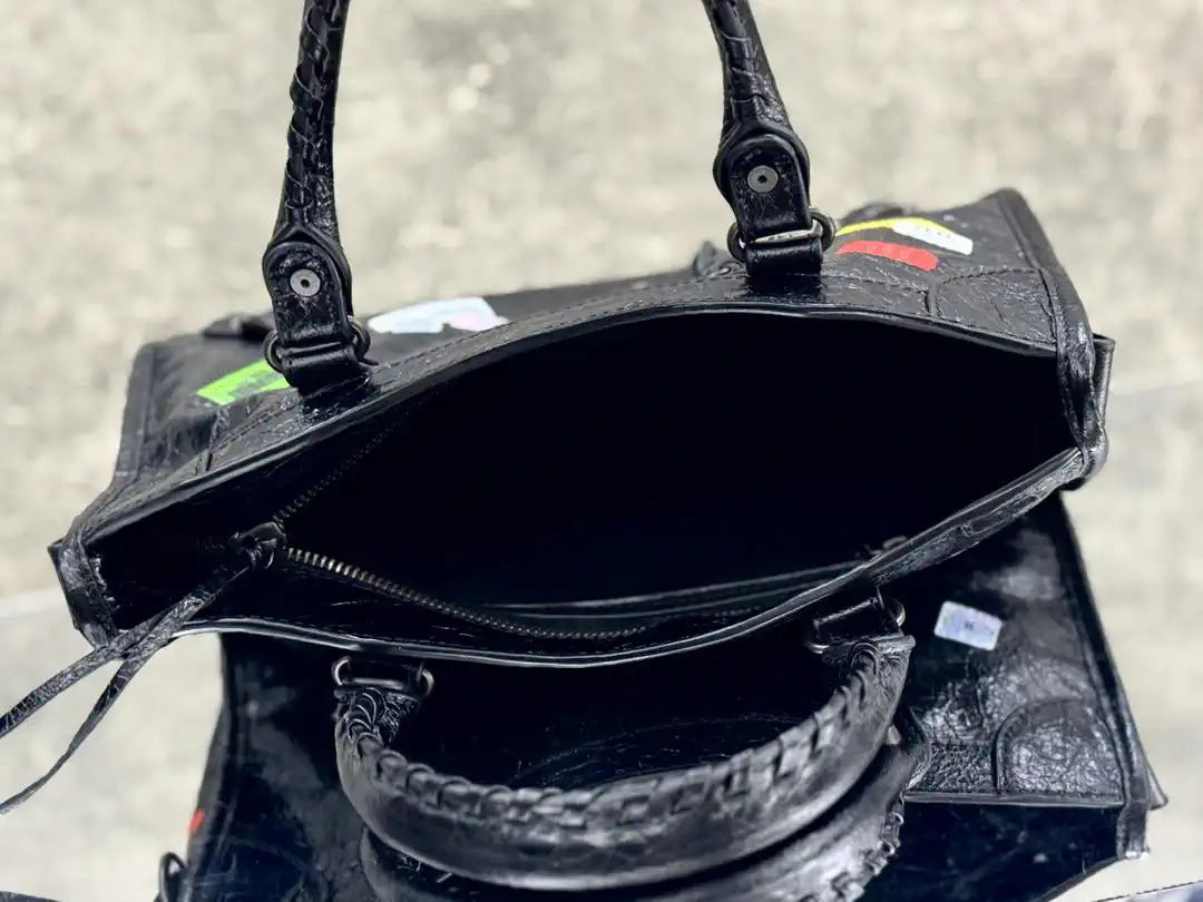 Balenciaga 8414582 Women Le City First Bag in Black Arena Storico lambskin with LOGO