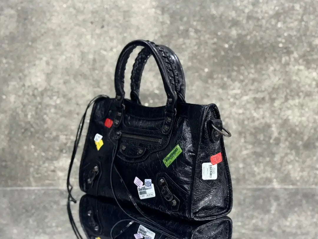 Balenciaga 8414582 Women Le City First Bag in Black Arena Storico lambskin with LOGO