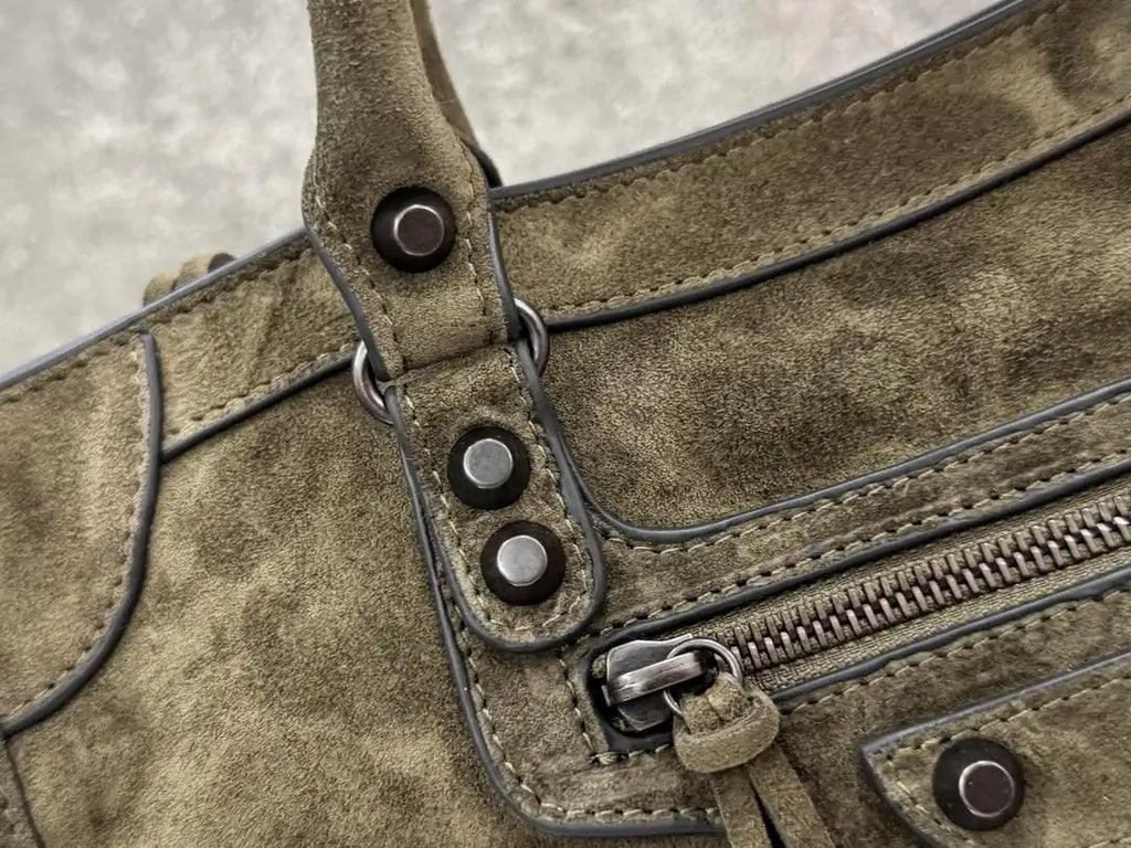 Balenciaga 8414582 Women Le City First Bag in Green Suede