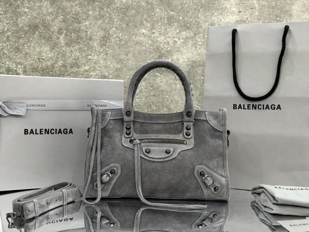 Balenciaga 8414582 Women Le City First Bag in Gray Suede