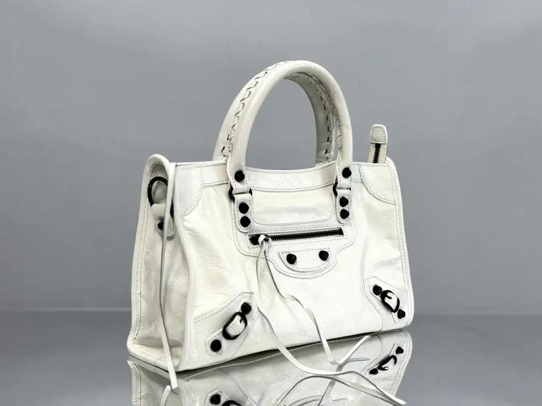 Balenciaga 8414582 Women Le City First Bag in White Arena Storico lambskin Black hardware