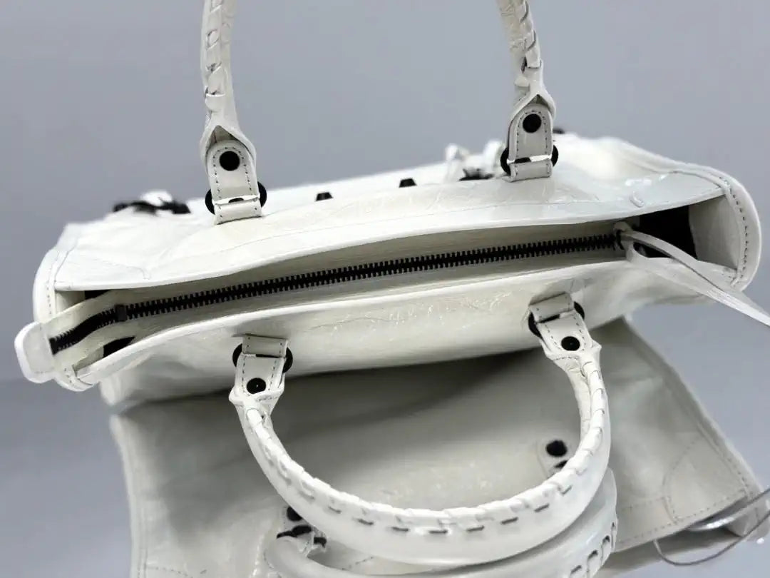 Balenciaga 8414582 Women Le City First Bag in White Arena Storico lambskin Black hardware