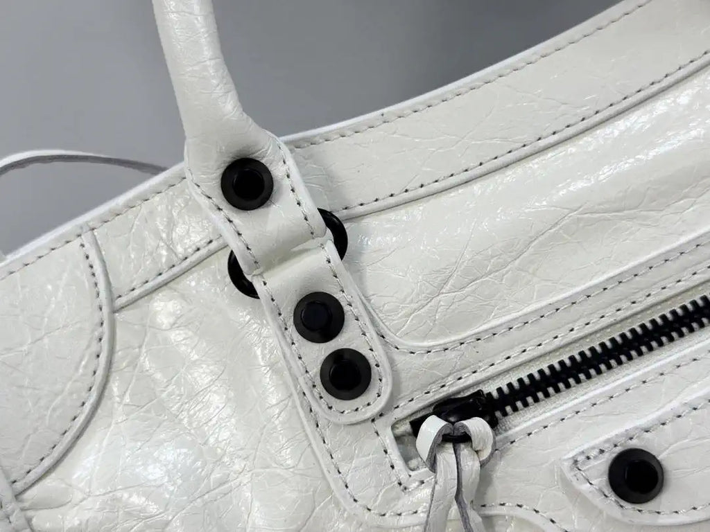 Balenciaga 8414582 Women Le City First Bag in White Arena Storico lambskin Black hardware