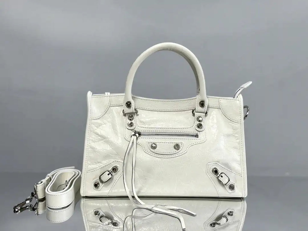 Balenciaga 8414582 Women Le City First Bag in White Arena Storico lambskin Silver hardware