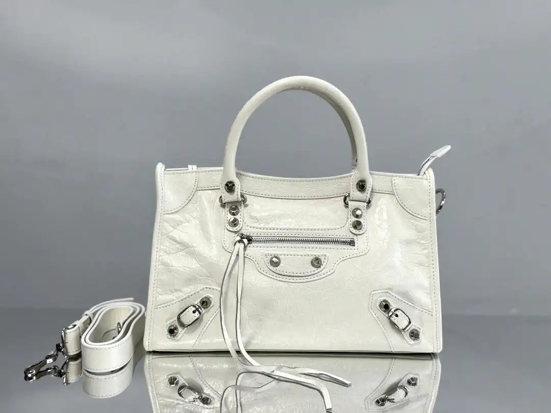 Balenciaga 8414582 Women Le City First Bag in White Arena Storico lambskin Silver hardware