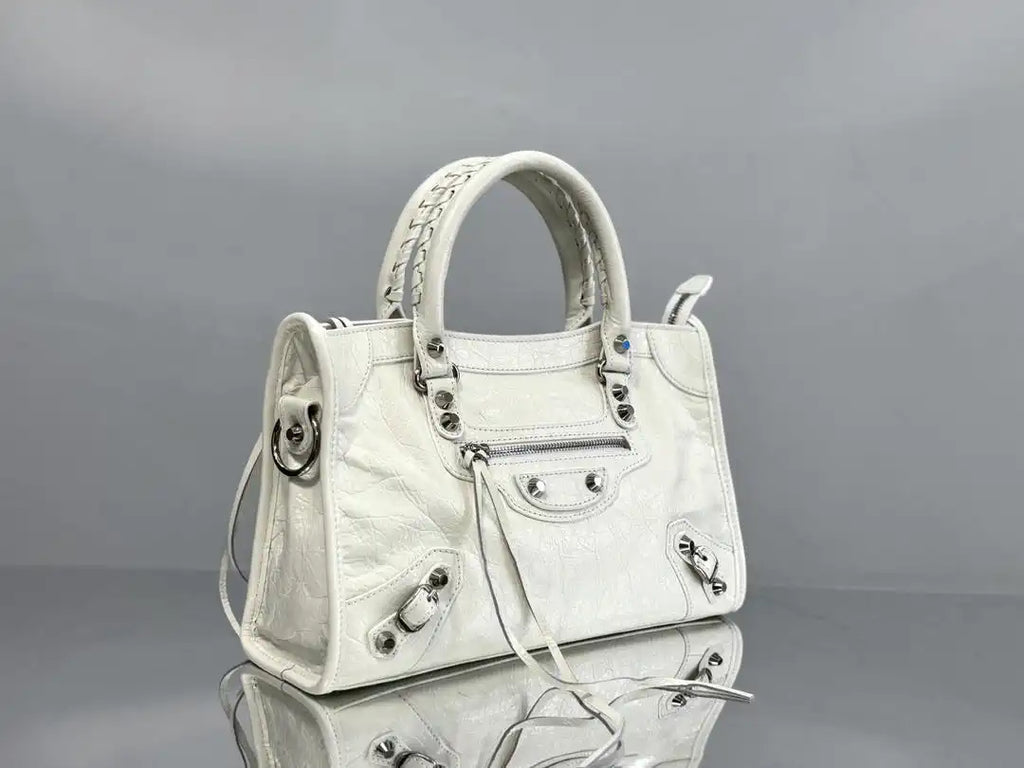 Balenciaga 8414582 Women Le City First Bag in White Arena Storico lambskin Silver hardware