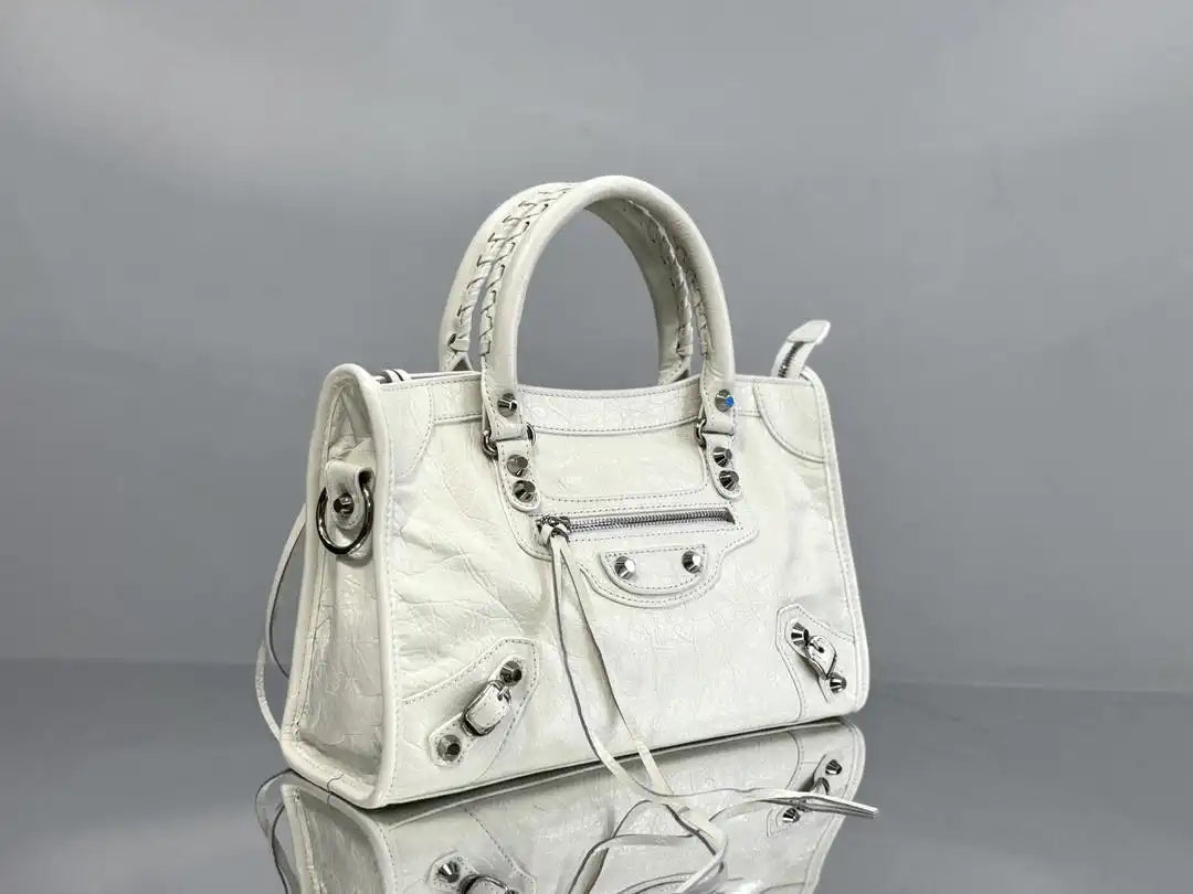 Balenciaga 8414582 Women Le City First Bag in White Arena Storico lambskin Silver hardware