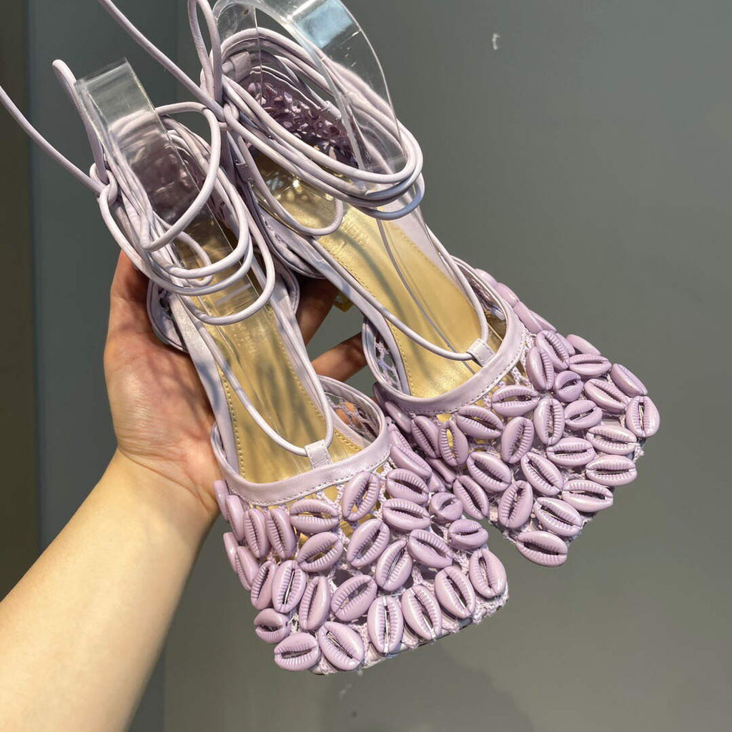 Bottega Veneta BV 690026 Hand-embroidered shell mesh and leather sandals