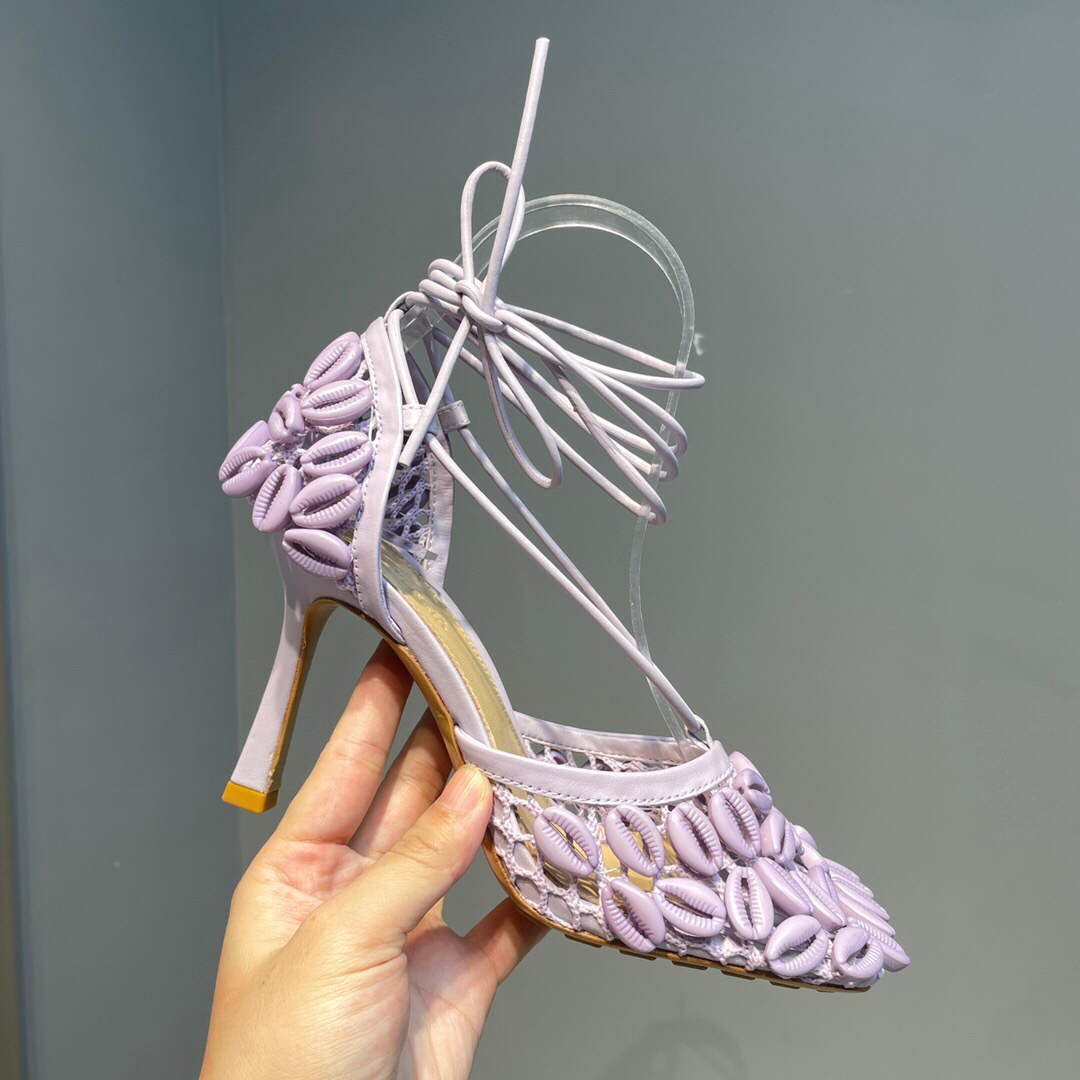 Bottega Veneta BV 690026 Hand-embroidered shell mesh and leather sandals