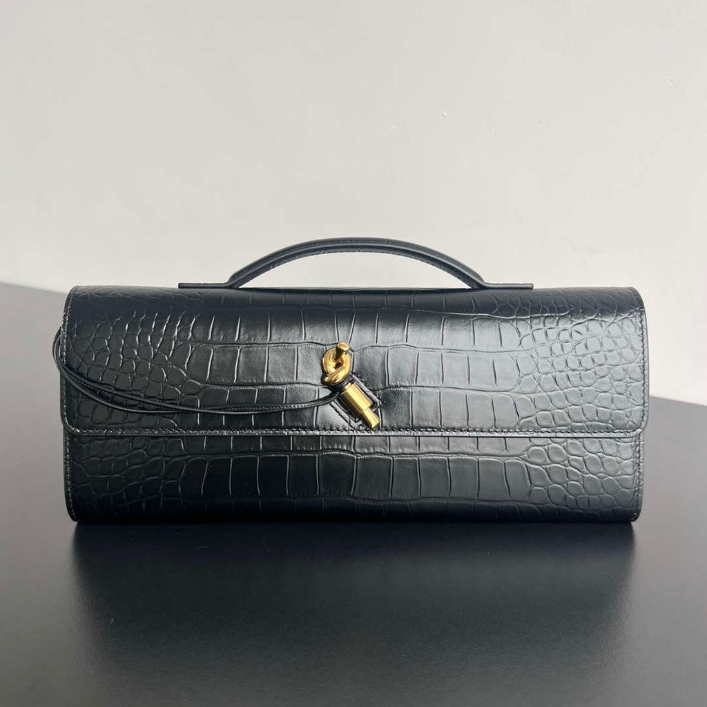 Bottega Veneta BV 741511 Long Clutch Andiamo With Handle Emerald Crocodile-grain Lambskin leather Black