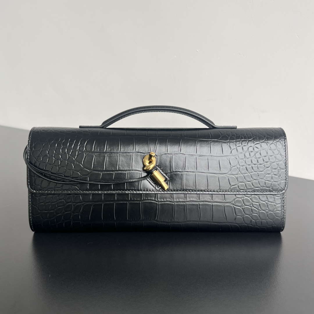 Bottega Veneta BV 741511 Long Clutch Andiamo With Handle Emerald Crocodile-grain Lambskin leather Black