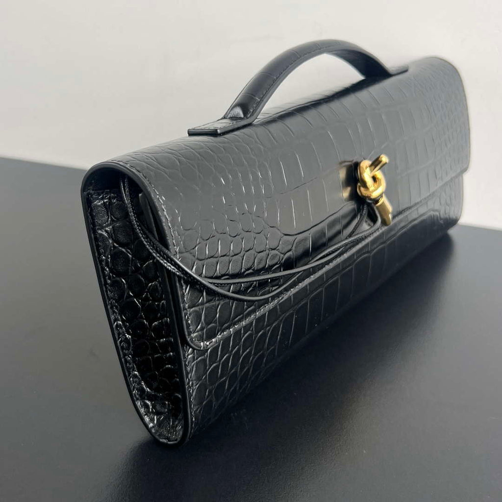 Bottega Veneta BV 741511 Long Clutch Andiamo With Handle Emerald Crocodile-grain Lambskin leather Black