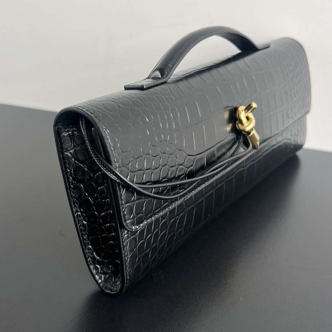 Bottega Veneta BV 741511 Long Clutch Andiamo With Handle Emerald Crocodile-grain Lambskin leather Black