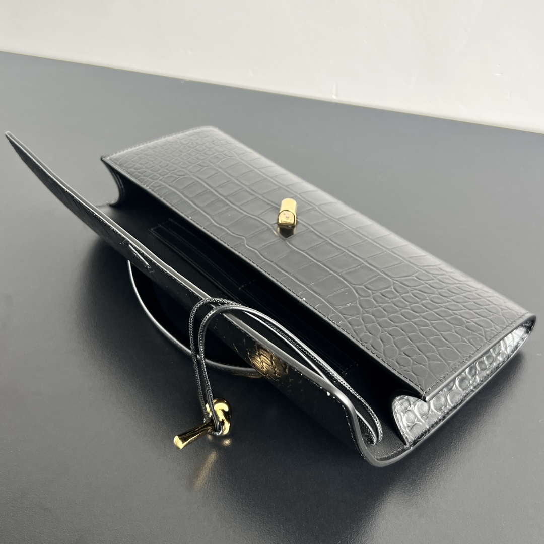 Bottega Veneta BV 741511 Long Clutch Andiamo With Handle Emerald Crocodile-grain Lambskin leather Black