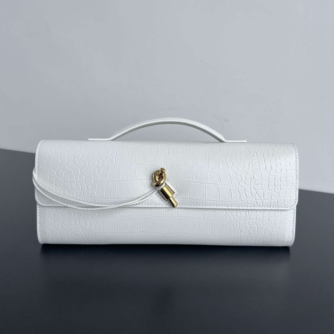 Bottega Veneta BV 741511 Long Clutch Andiamo With Handle Emerald Crocodile-grain Lambskin leather White