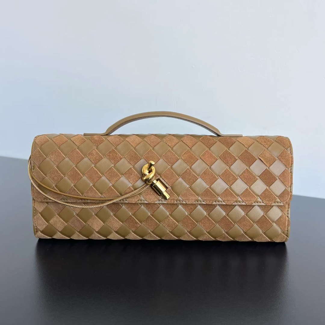 Bottega Veneta BV 741511 Long Clutch Andiamo With Handle Emerald Sand Suede