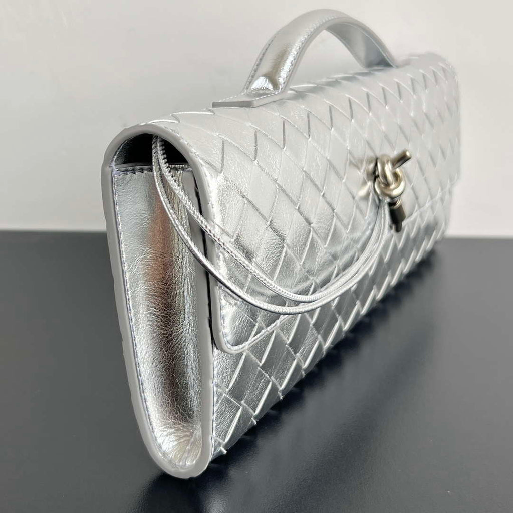 Bottega Veneta BV 741511 Long Clutch Andiamo With Handle Emerald Silver