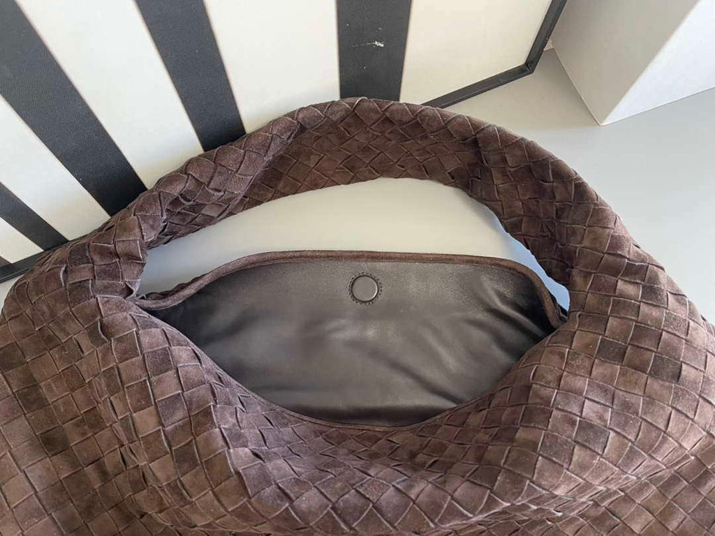 Bottega Veneta BV 763970 Large Hop Fondant Bag Dark Brown Suede Leather