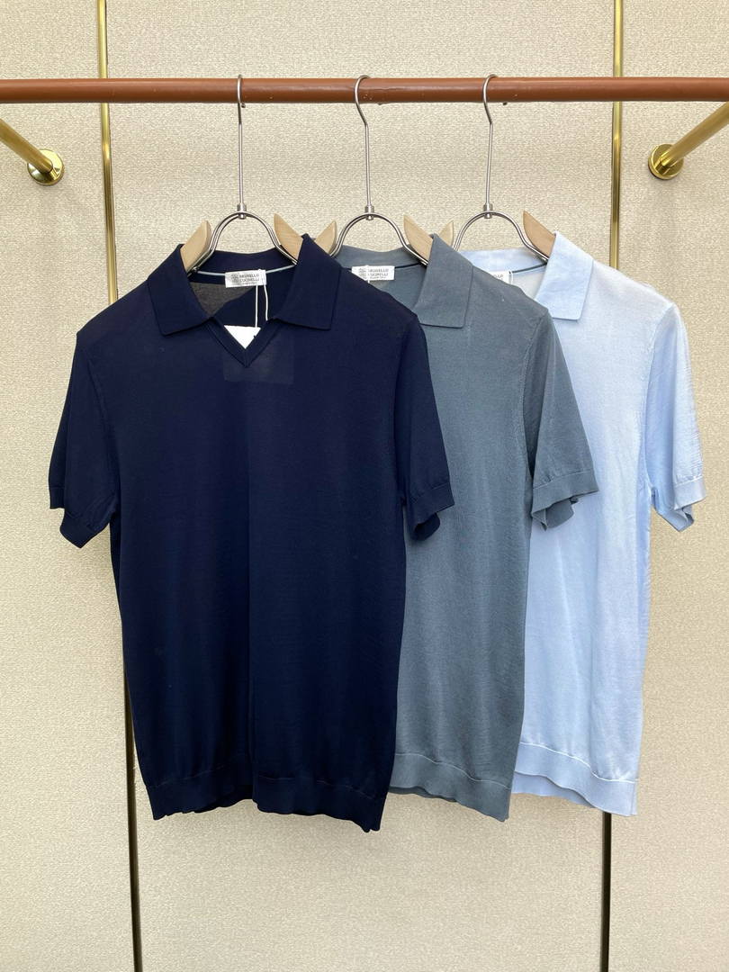 Brunello Cucinelli 262M29806505P Cotton textured Argyle lightweight knit polo shirt bc1001 - 48--M / Blue - View 1
