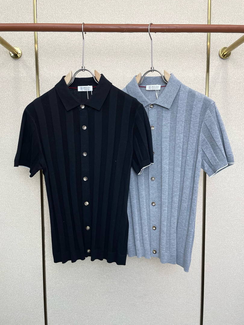 Brunello Cucinelli 262M29806505P Cotton textured Argyle lightweight knit polo shirt bc1006 - Ligth Gray / 48--M - View 3
