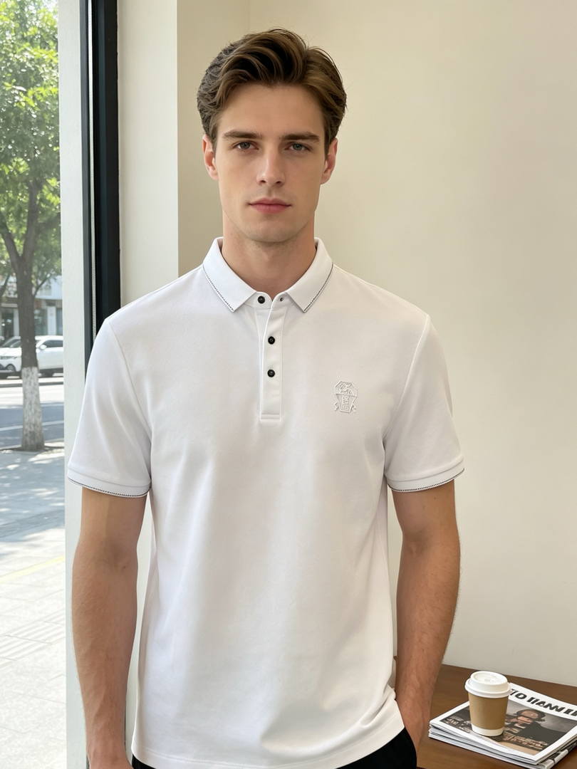 Brunello Cucinelli 262M29806505P Cotton textured Argyle lightweight knit polo shirt bc1004 - White / 48--M - View 1