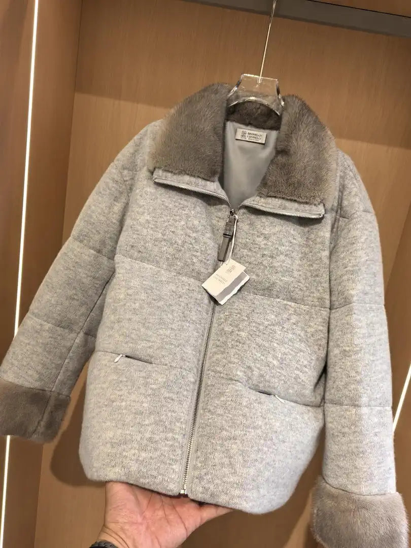 Brunello Cucinelli Mink sleeves and collar with wool and down jacket BC9001