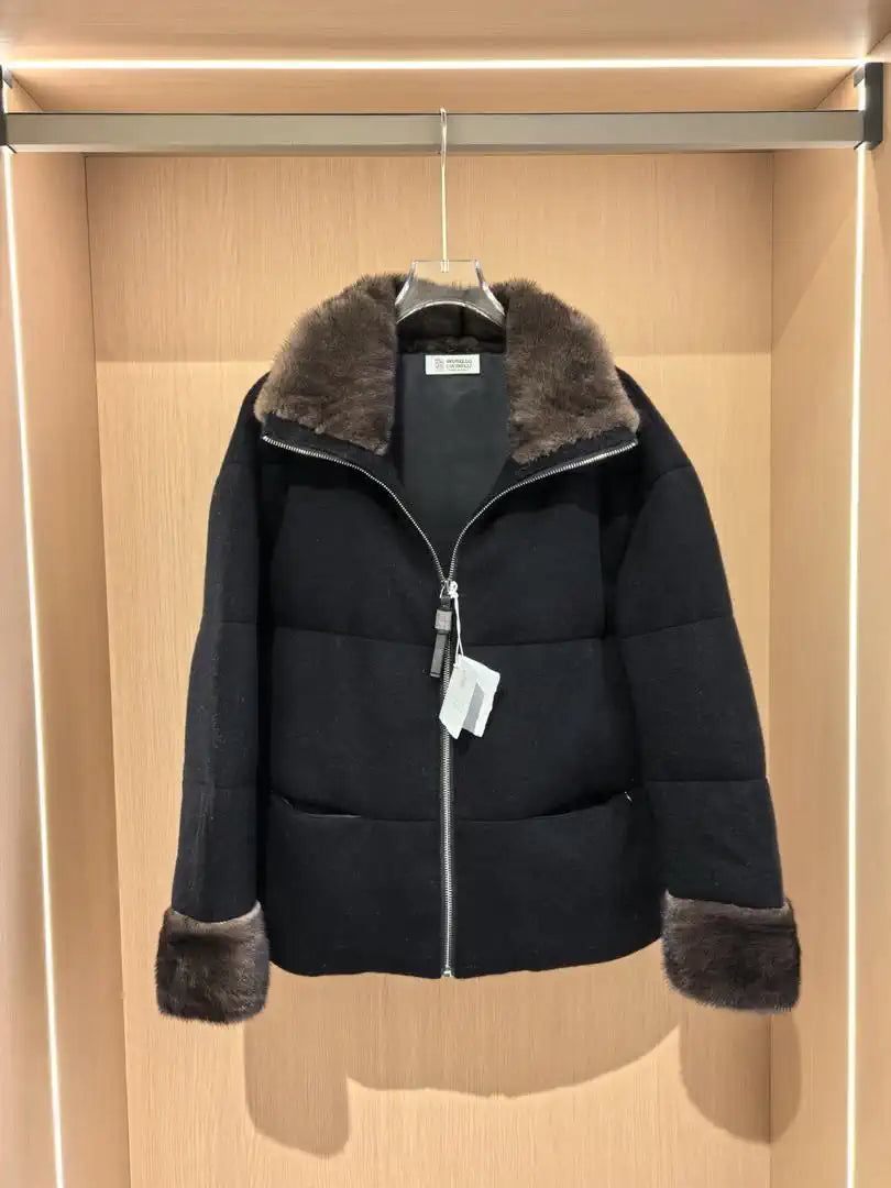 Brunello Cucinelli Mink sleeves and collar with wool and down jacket BC9003